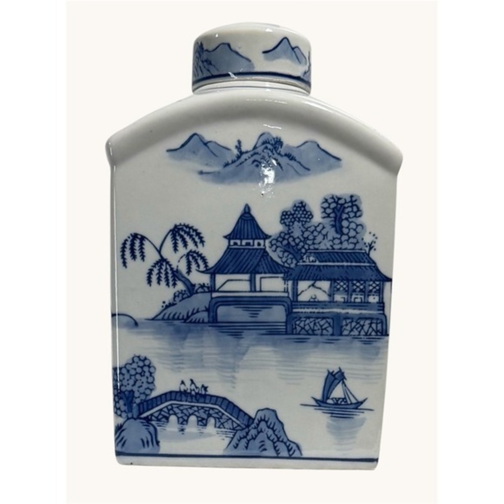 Blue Willow Style Porcelain Tea Caddy Jar With Lid Blue White Asian Scene
